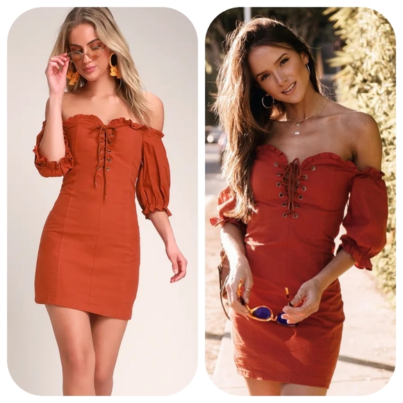 Lulus Dresses & Skirts - Lulus Off The Shoulder Lace Up Mini Dress Rust S